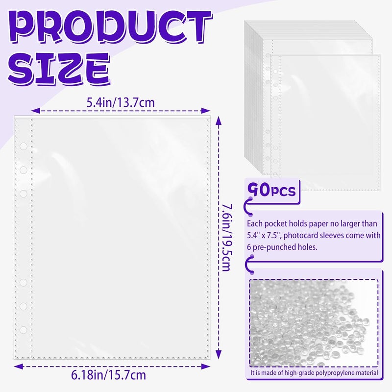VOKOY 90 Pack Clear Binder Sleeves, Double Sided 1 Pocket Plastic Sleeves Pouch Binder Inserts Refill Sheets Protectors Photo Card Album Page Sticker Organizer for 6 Ring A5 Binder, 180 Pockets - Image 2
